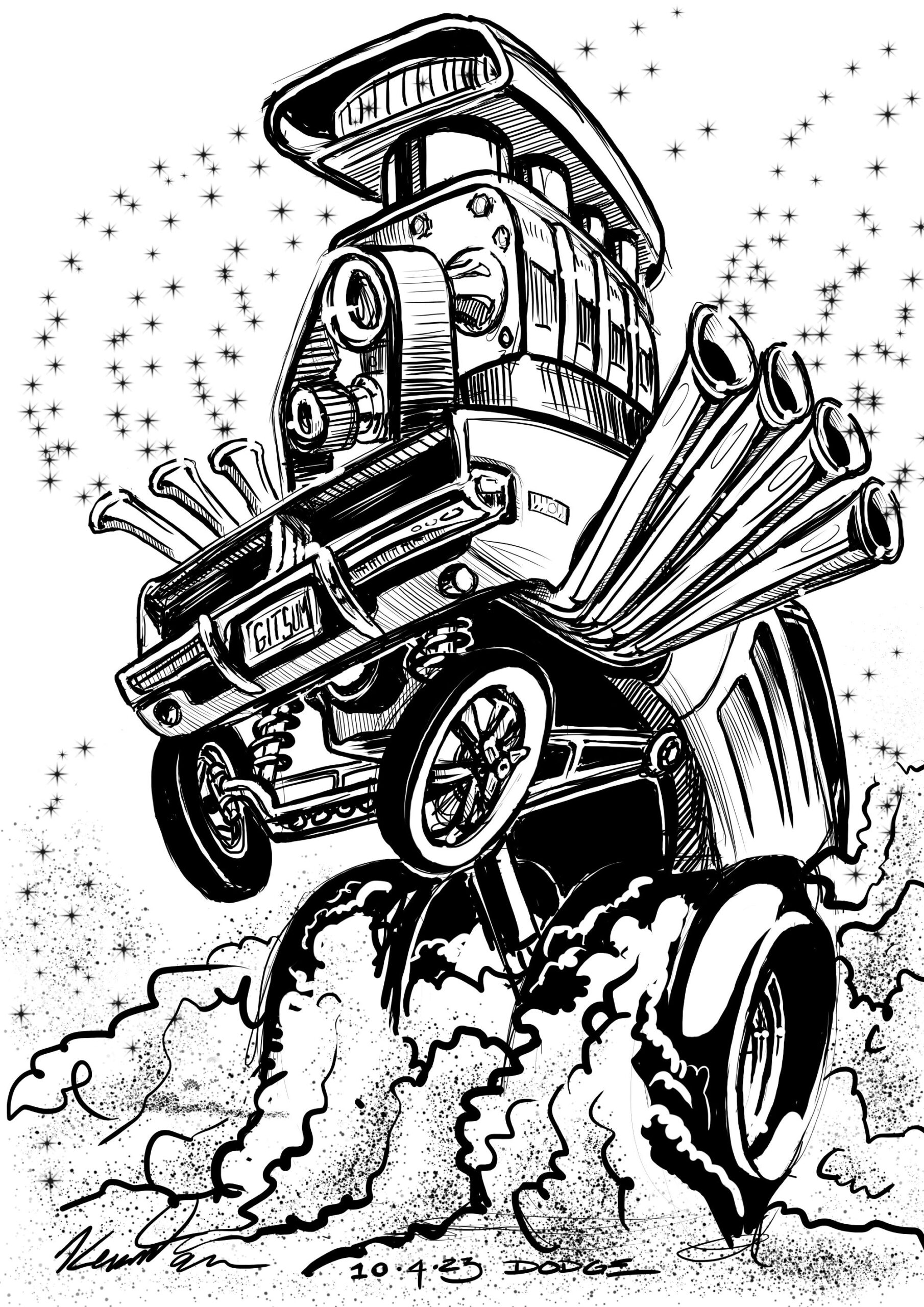 muscle car, dodge charger, ink drawing, classic cars,